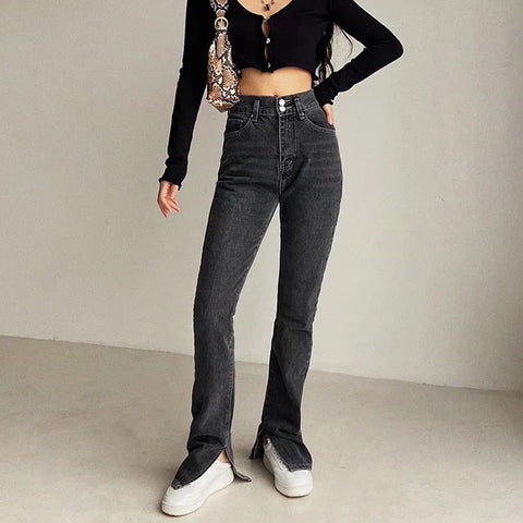 Retro High Waist Splitted Leg Flare Jeans