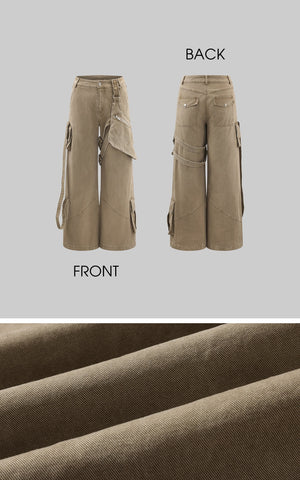 Wide Leg Cargo Pants with Strap Details and Detachable Pocket