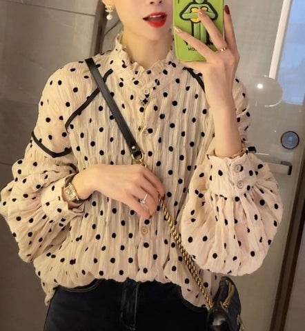 Langarmbluse im Retro-Polka-Dot-Stil 