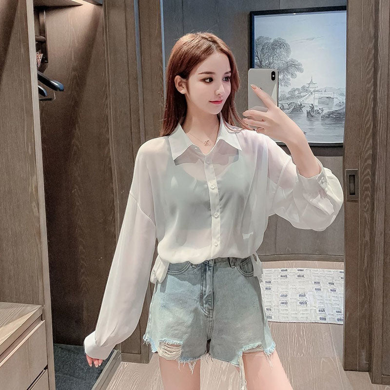 Rope Strap Sun Screen Thin Transparent Shirt