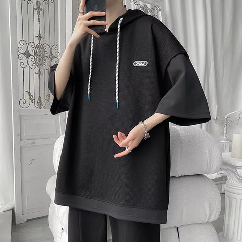 Short Sleeve Two Style Hooded Waffle Shirt