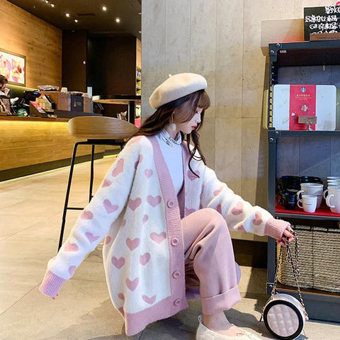 Loose Heart Pattern Cardigan Sweater