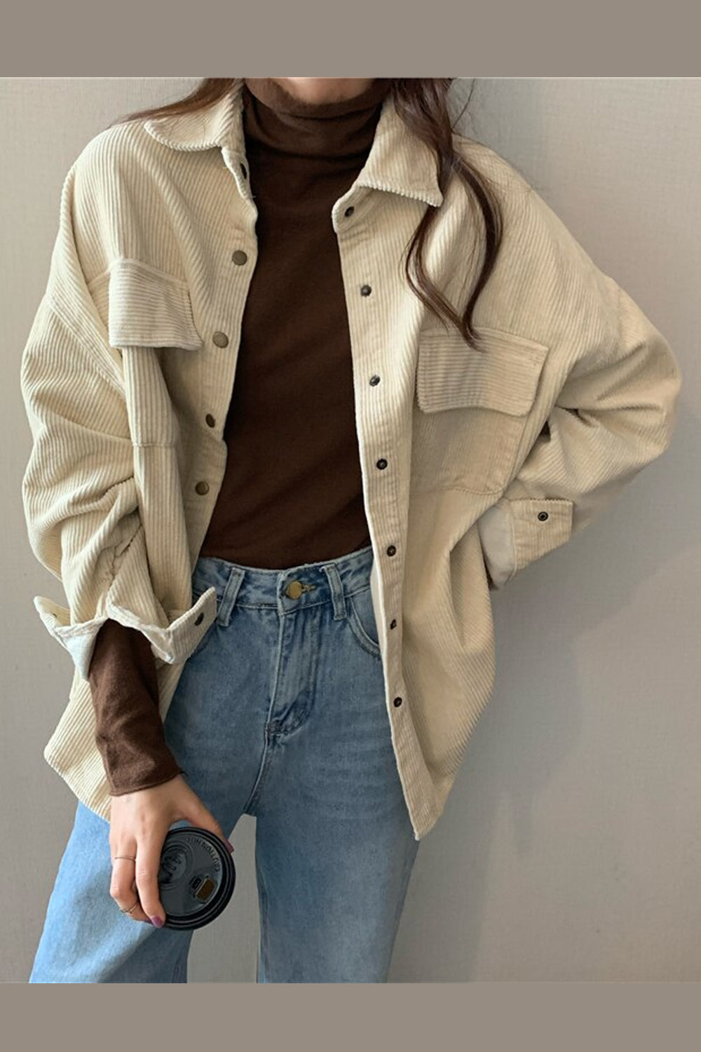 Long Sleeve Pockets Corduroy Loose Shirt