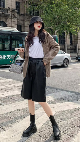 High Waist Elastic Casual Leather Shorts
