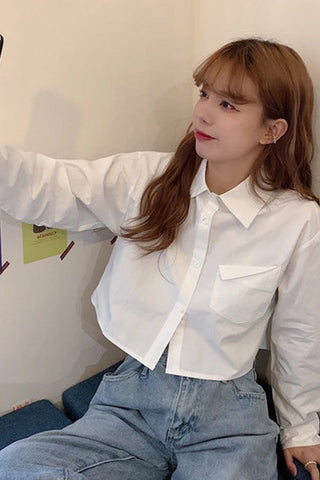 Long Sleeve Cropped White Blouse Shirt