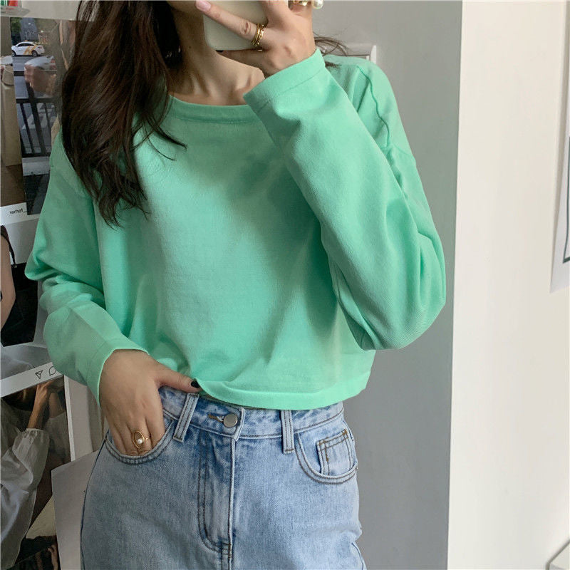 Long Sleeve Candy Colors Crop Sweater