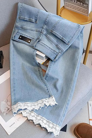 High Waist Lace Edge Design Jeans Pants