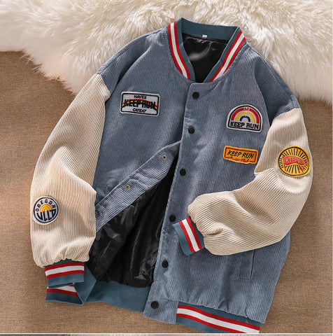 Chaqueta de béisbol de pana con letras bordadas retro 