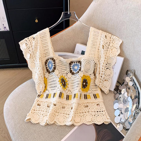 Square Neck Knitted Embroidered Lace Crochet Shirts