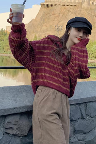 Long Sleeve Turn Down Collar Striped Cropped Sweater