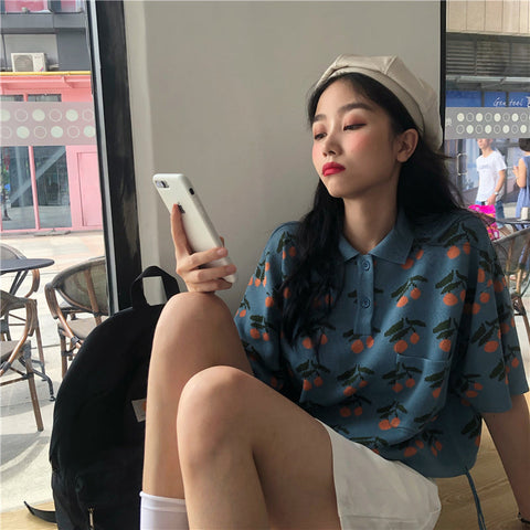 Orange Fruit Printed Loose Crop Top Slim Shirt