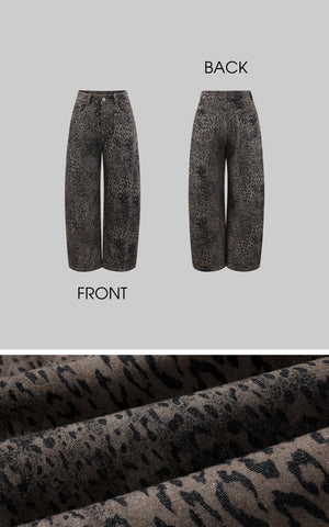 Leopard Print Distressed Wide Leg Denim Pants