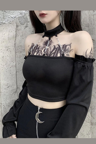 Chain Metal Off Shoulder Hanging Neck Shirt