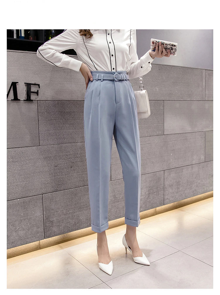 High Waist Ankle Length Elegant Office Pants with Belt