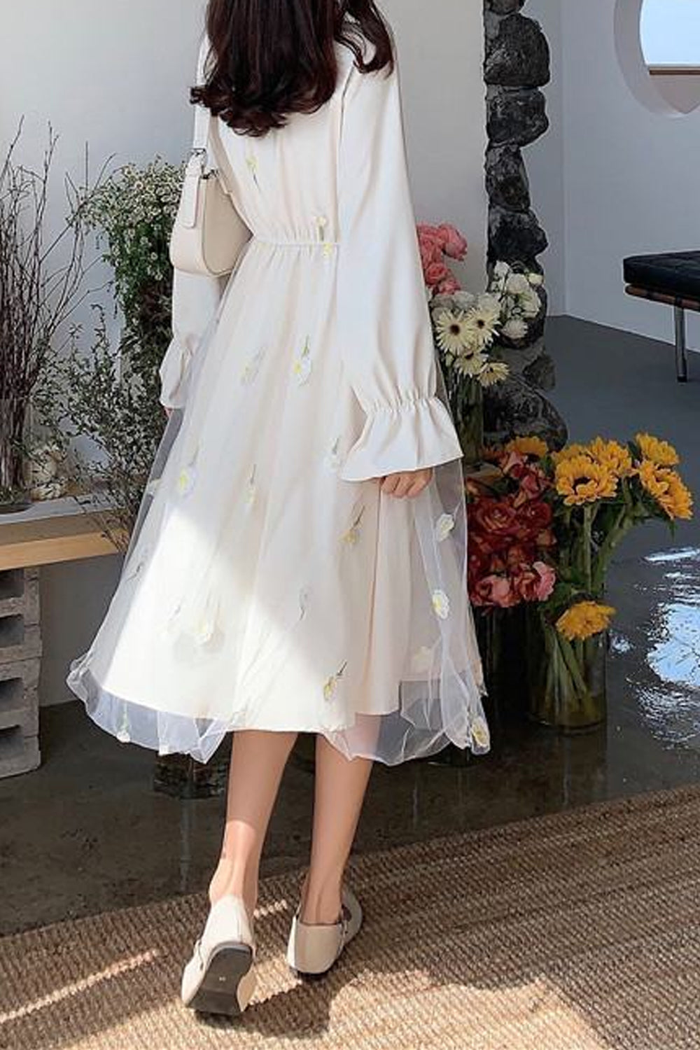 Long Sleeve Mesh Elegant Sweet Midi Dress