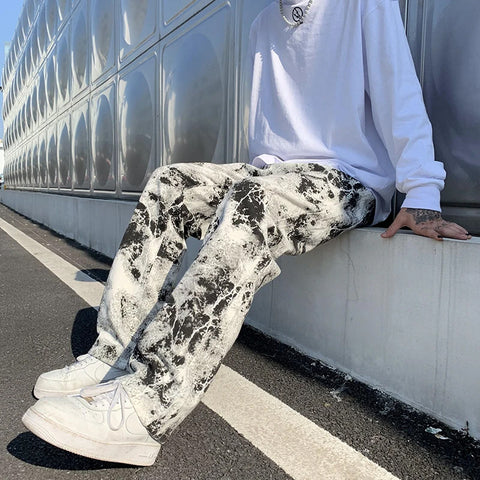 Hip Hop Schwarz Weiß Tie Dye Jeans Hose 