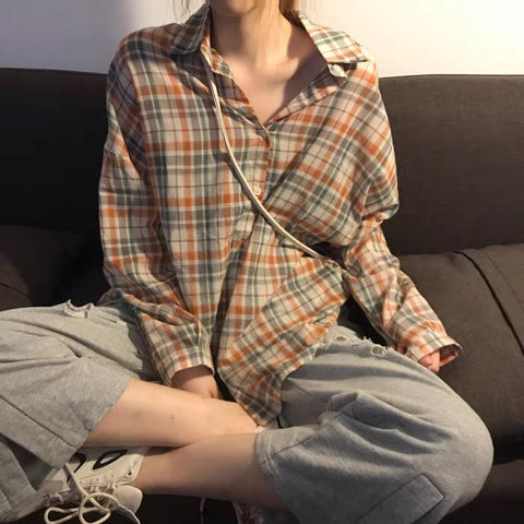 Long Sleeve Plaid Style Thin Summer Blouse Shirt