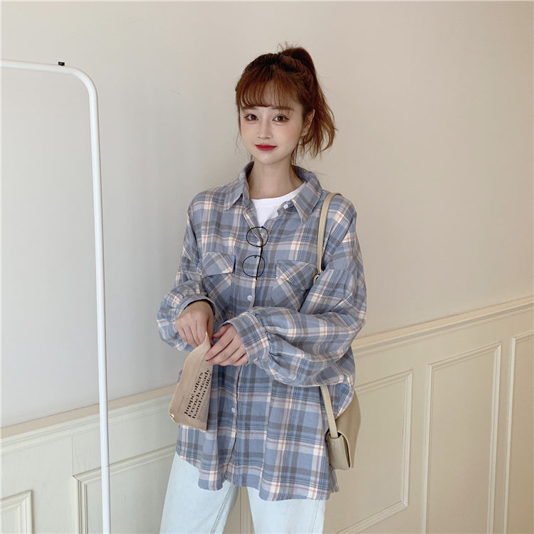 Loose Bat Sleeve Plaid Shirt