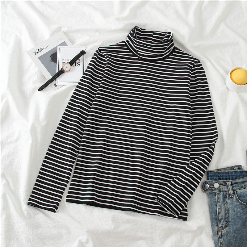 High Neck Long Sleeve Striped Slim Shirt