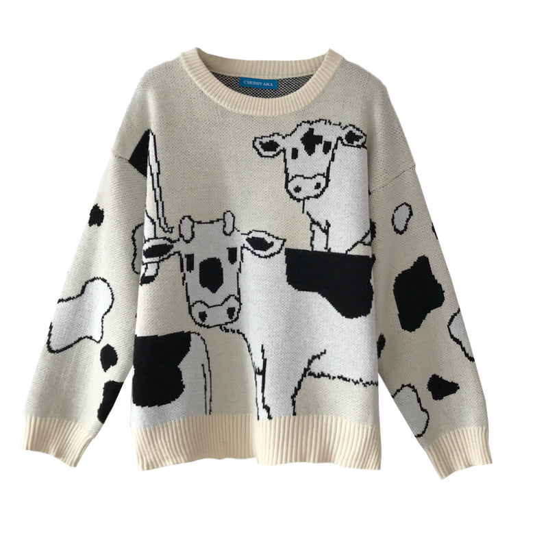 Lockerer Pullover mit Kawaii-Kuh-Print