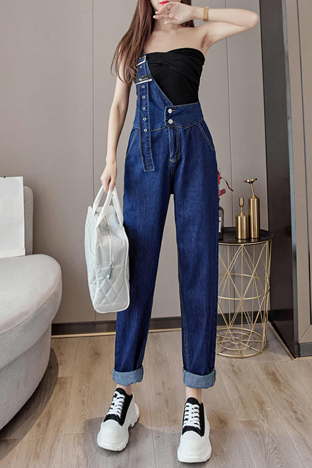 One Shoulder Design Casual Denim Jumpsuits