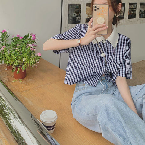 Plaid Design Turn Down Collar Cropped Shirt