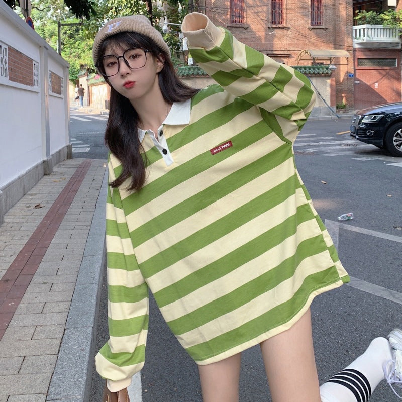 Retro Green Striped Turn Down Collar Sweater