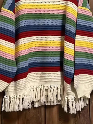 Long Sleeve Rainbow Striped Knitted Tassel Sweater