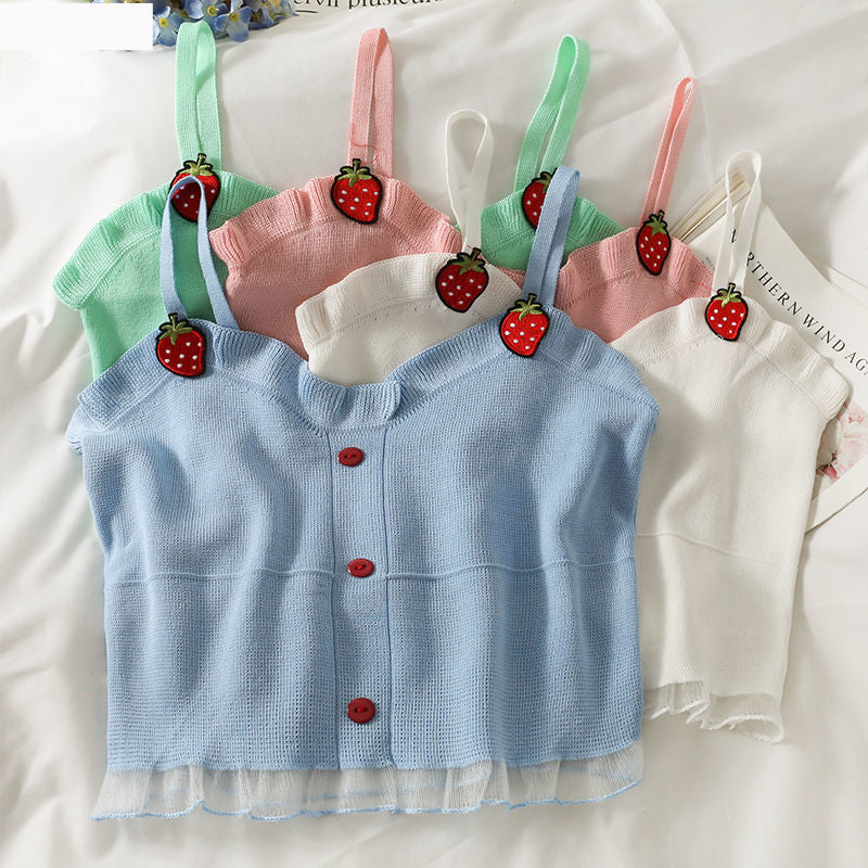 Strawberry Embroidered Camisole Crop Tops