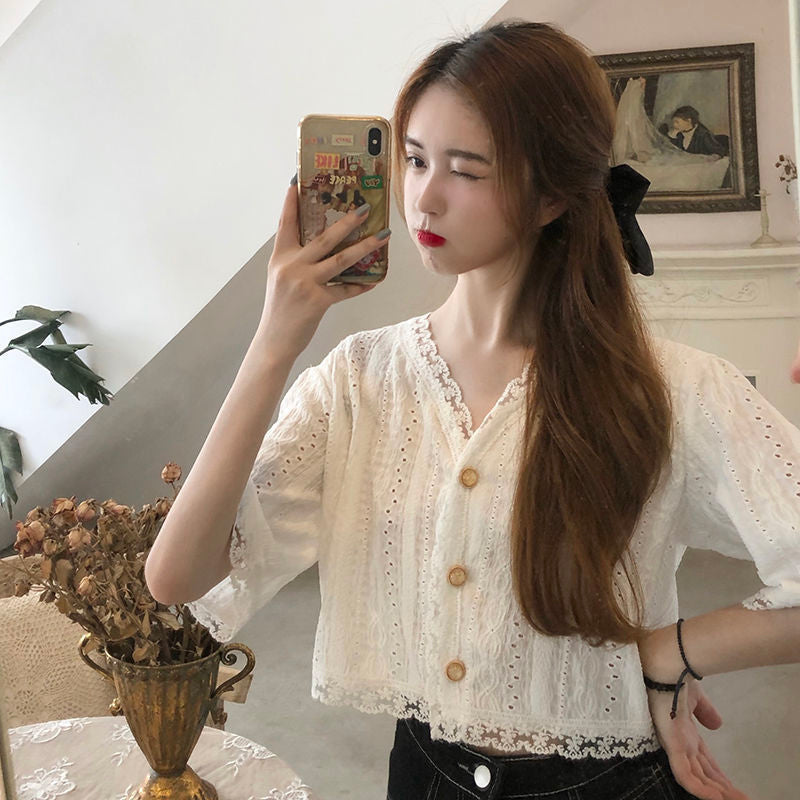 Kurzarm V-Ausschnitt Spitze Hohl Slim Shirt 