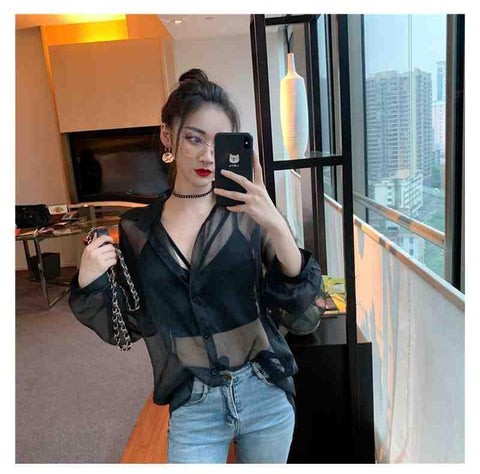 Blusa informal sexy de gasa transparente 