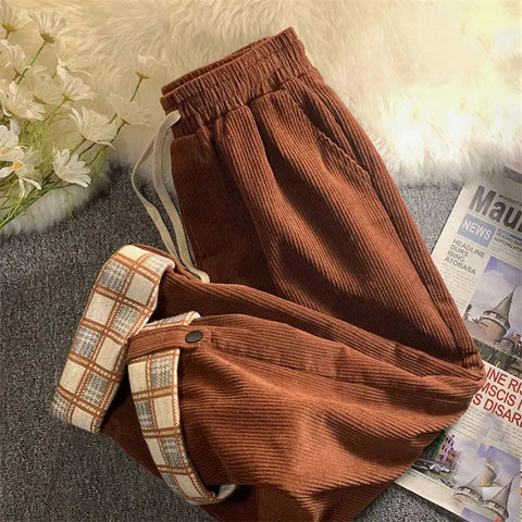 High Waist Plaid Back Side Corduroy Pants