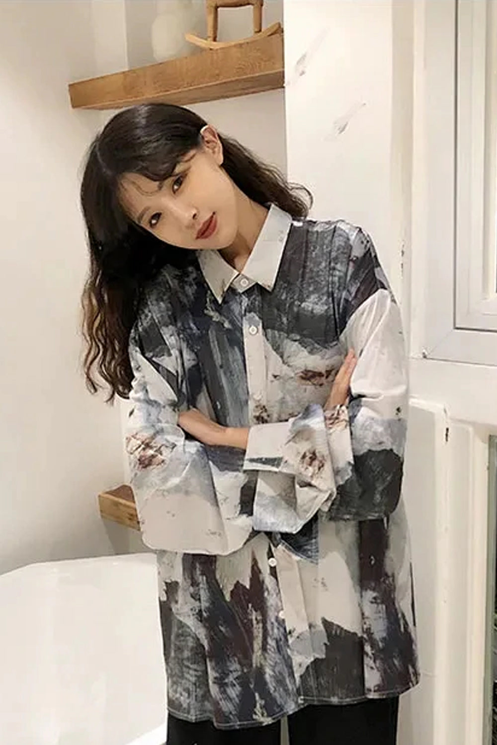 Casual Abstract Ink Pattern Long Sleeve Blouse Shirt