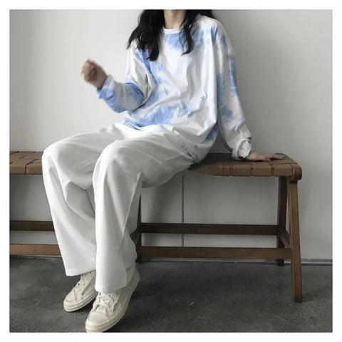 Long Sleeve Blue Tie Dye Printed Shirt