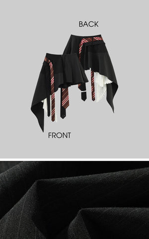 Asymmetric Pinstripe Mini Skirt with Tie Detail and Lace Trim