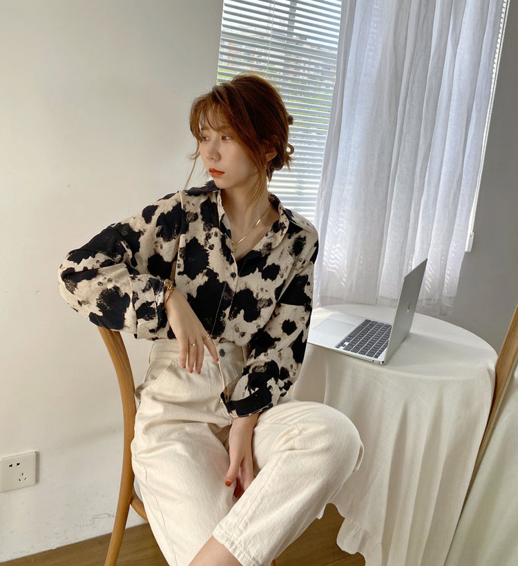 Long Sleeve Cow Printed Blouse Shirt