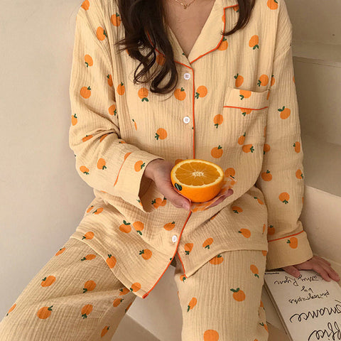 Cute Orange Pattern Printed 2Pcs Pajamas Set