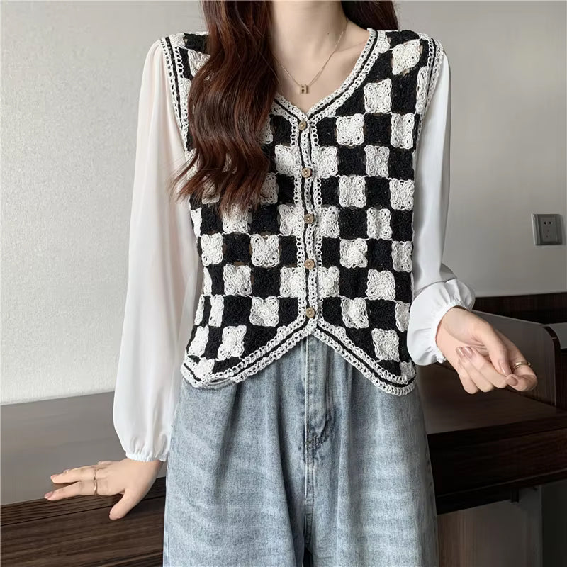 Long Sleeve V-Neck Transparent Checkerboard Crochet Shirts