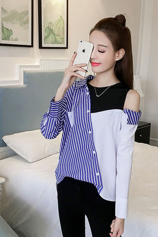 Long Sleeve Striped Cut Side Shoulder Blouse Shirt
