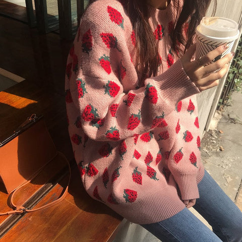 Loose Strawberries Pattern Sweet Sweater