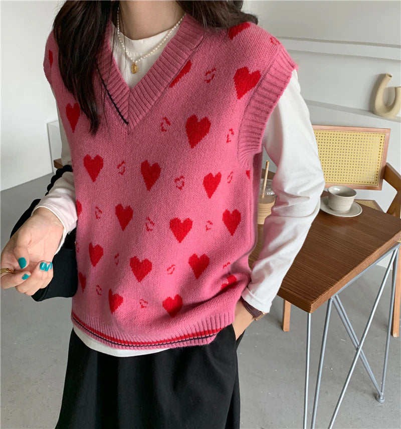 V-Neck Heart Pattern Sleeveless Knitted Vest Sweater