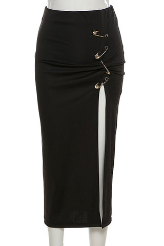 High Waist Pin Buckle Long Split Skirts