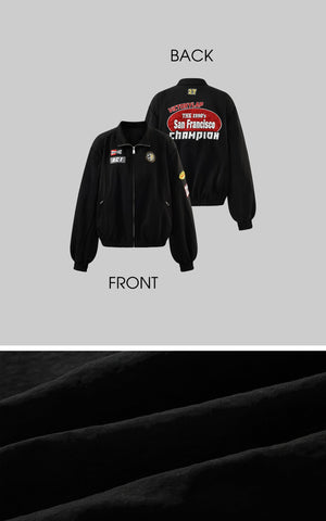 Racing Patch Zip Jacket with Elastic Cuffs and Retro Embroidery