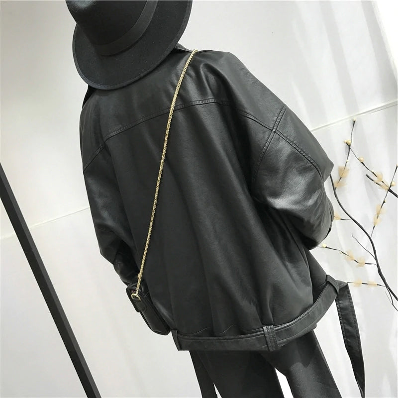 Loose Turn Down Collar Zipper Leather Jacket