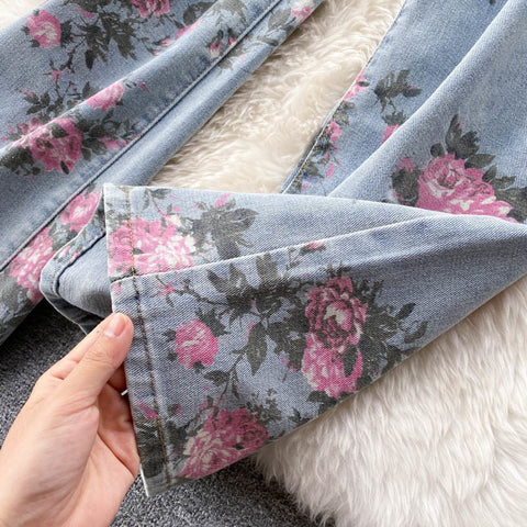 High Waist Flowers Printed Denim Jeans Pants