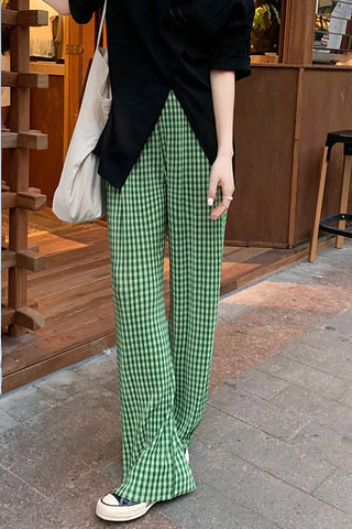 High Waist Green Plaid Loose Pants
