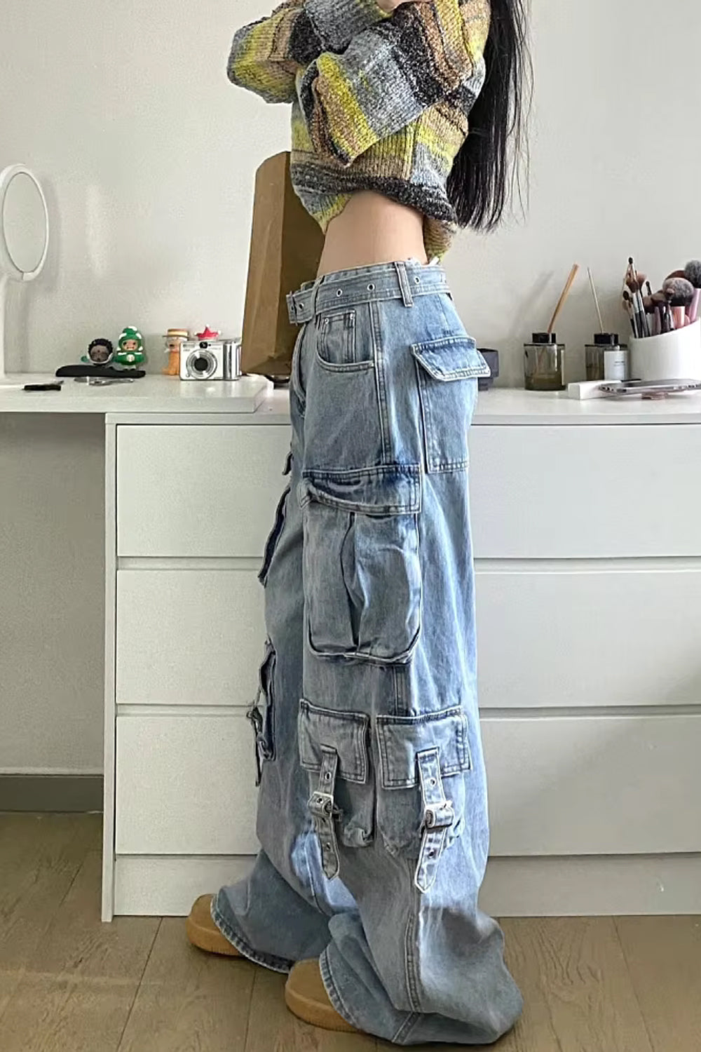 Loose Multi Cargo Pockets Wide Leg Jeans