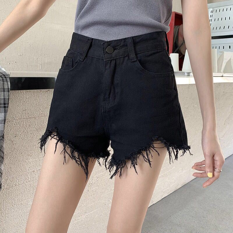 High Waist Tassel Ripped Black Shorts Jeans