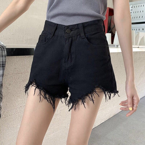 High Waist Tassel Ripped Black Shorts Jeans