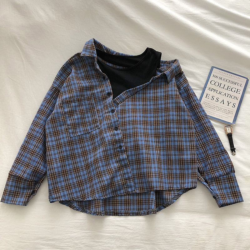 Stitching Fake Two Piece Plaid Shirt